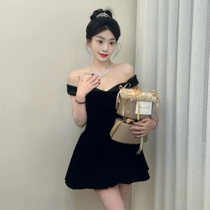French Style Black One Shoulder Princess Dress Women Summer 2025 Disney Fairy Tale Short Fluffy Skirt Fashionable Gown