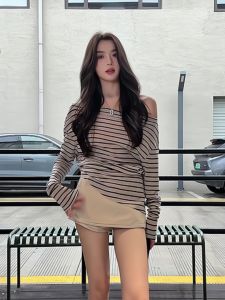 VKSOD | Korean Style Striped Long Sleeve T-Shirt Womens Slim Fit Half Skirt Pants Two-Piece Set Fashionable Shoulder Slanting Design