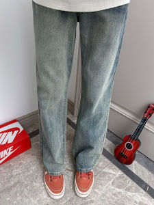 Retro Blue Lightning Bamboo Fiber Pattern Mens Summer Thin American High Street Vibe Straight Leg Micro Flare Long Jeans