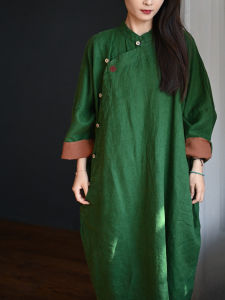 Spring 2025 Original Design Cotton Linen Womens Retro New Chinese Style Long Dress Robe Loose Midi Length Slanting Lapel