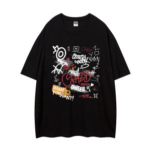 เสื้อยืดแขนสั้นลายการ์ตูนสไตล์อเมริกันย้อนยุคสำหรับผู้ชายและผู้หญิง ฤดูร้อนปี 2025 เสื้อตัวบนคอตตอนทรงหลวม