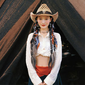 Summer Mens and Womens Couple Straw Western Cowboy Hat Sun-Proof Straw Hat Wide Brim Flexible Top Hat Sun Protection Hat