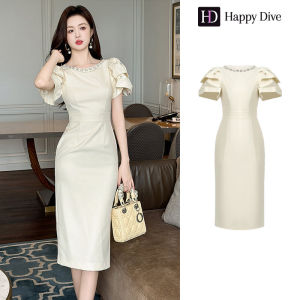 Happy Diva เดรสผู้หญิง เดรสสีครีม เดรสแขนพอง เดรสทำงาน เดรสไฮโซ เดรสวินเทจ เดรสออกงาน เดรสปาร์ตี้ ชุดราตรี 30865