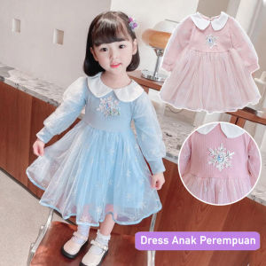 LNR Shop FREE MAHKOTA + TONGKAT SIHIR Gaun Dress Anak Perempuan Motif Frozen Dengan Kerah Lengan Panjang Rok Tutu Dua Layer Birthday Party Gaun Pesta Ulang Tahun Princess Bahan Cotton Halus Tangan Ruffle Dress Natal Lebaran Hari Raya Idul Fitri Imlek