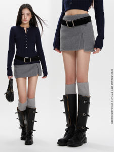 Gray Woolen High Waist A-Line Mini Skirt Womens Autumn Winter New Style Slimming Short Skirt for Small Figures