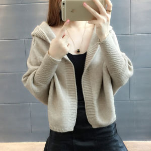 Womens Loose Long Sleeve Knitted Cardigan Spring Summer Autumn Fashion Casual Hooded Shoulder Shawl Batwing Sleeve Top