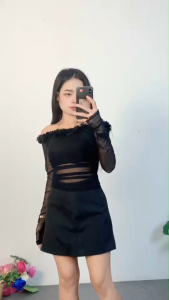 ชุดเซ็ตแฟชั่น เสื้อเปิดไหล่ + กระโปรงเอไลน์ สไตล์สวยหรู