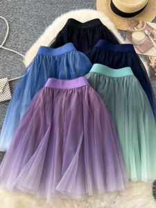 Váy Lưới Chữ a Cạp Cao Màu Khối Cho Nữ Mùa Thu 2024 Váy Ngắn Xếp Ly Phong Cách Cổ Tích Váy Lưới Xếp Nếp Cho Nữ