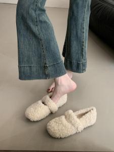 JIJI Studios Fleece Lined Lamb Fur Mary Jane Flat Bottom Womens Shoes Sweet Style round Toe Casual Fashion Single Shoes