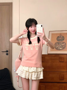 Áo Thun Cotton Pha Lụa Tay Ngắn Cổ Tròn Thêu Trái Tim Mềm Mại Màu Đào Ôm Vừa Vặn Dài Thường Ngày Mùa Hè Áo Thun Nữ