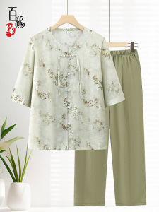 ชุดเสื้อผ้าผู้หญิงวัยกลางคนและผู้สูงอายุสไตล์จีนใหม่แขนสั้นฤดูร้อน ชุดเสื้อผ้าผู้หญิงแบบลำลอง ผ้าฝ้ายผสมโพลีเอสเตอร์