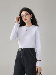 Minimalist High-End Pure Cotton round Neck Base Shirt Womens Loose Long Sleeve T-Shirt Layering with Sweatshirt Top