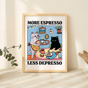 More Espresso Less Depresso Black Cat Wall Print Coffee Cat Poster Kitchen Art Handmade Cat Poster Coffee Bar Unique
