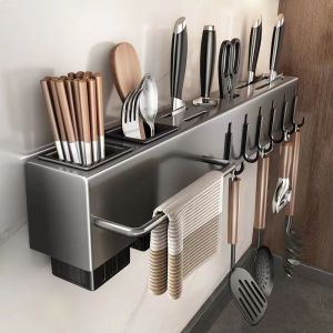 Stainless Steel Multi-Function Kitchen Knife Rack Wall-Mounted No-Drilling Cutting Board Integrated Storage Rack Organizer
