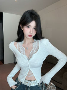 GUZILIAN | Áo len dệt kim cổ chữ V tay dài ôm vừa vặn gợi cảm Áo lót mùa thu Áo lót ren Pure Desire Korean Style dành cho nữ