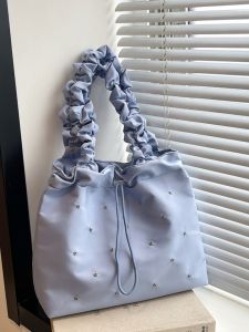 กระเป๋าผ้าใบทรงถังสำหรับผู้หญิง กระเป๋าสะพายข้างแบบพับได้ กระเป๋าสะพายไหล่ข้างเดียว กระเป๋าถือแบบมีซิป กระเป๋าทรงกลมขนาดใหญ่