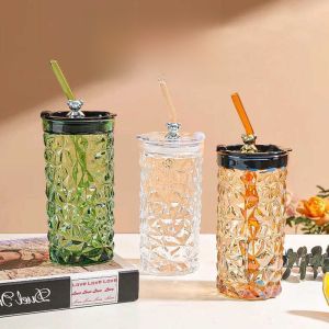 Office Ladies Diamond Bear Glass Straw Cup with Lid Cold Brew Coffee Fresh Style Sport Design Universal 301mL-400mL Water Bottle