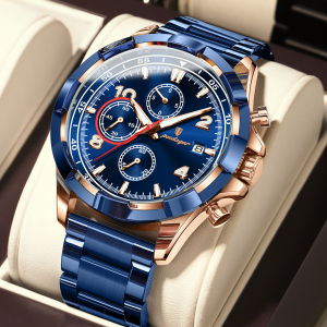 นาฬิกานาฬิกาข้อมือหรูหรา POEDAGAR โครโนกราฟชายโลหะกันน้ำไม่ขึ้นสนิมกีฬาทหารมีปฏิทินส่องสว่าง