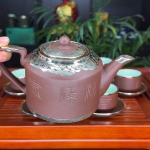 Bộ Ấm Trà Tích Phúc Lộc Thọ Chỉ Đỏ Bọc Đồng Bạch - Bộ Ấm Chén Tử Sa Bát Tràng Ráp Đồng
