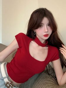 GUZILIAN | Slim Fit Short Sleeve T-Shirt Womens Square Collar Hanging Neck Bore Hole Summer Casual Style Low Waist Design Commute Wear