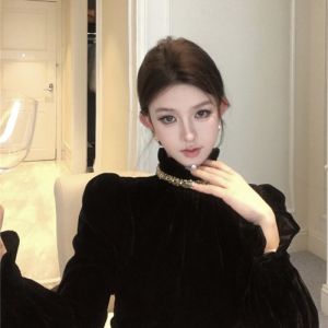 Korean High Collar Velvet Shirt Gold Sequin Womens Fashion Autumn Winter Top French Style Stand Collar Lantern Sleeve Wool Blend