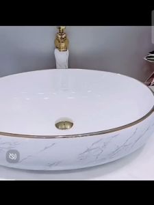 (Liên hệ Freeship) Chậu rửa lavabo đặt bàn viền vàng cao cấp công nghệ Nhật Bản - Hàng nhập khẩu bảo hành 15 năm