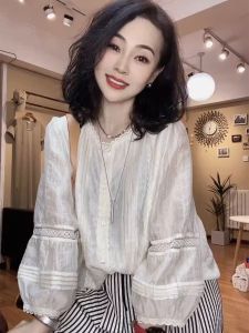 XUNYI | Áo Blouse Tay Dài Kiểu Pháp Có Viền Ren Chống Nắng