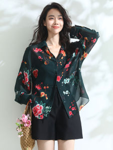 Miccbeirn | 100% Silk Long Sleeve Printed Shirt Lightweight Cool Womens Top Fashionable Elegance Mulberry Silk Floral Design Button Closure