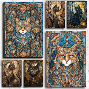 Stained Glass Cat Colorful Art 5D DIY Diamond Painting Kit Full Round Drill For Home Hallway Wall Decor Holiday Gift