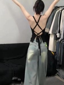 Áo Vest Dệt Kim Màu Đen Gợi Cảm Phong Cách Mỹ Dành Cho Nữ Mùa Hè Có Đệm Ngực Áo Vest Hở Lưng Áo Vest Dây Áo Vest Ngắn Áo Vest Cổ Chữ V