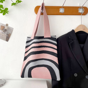Knitted Canvas Tote Bag Single Shoulder Handbag Simple Striped Large Capacity Shopping Bag for Students And Women Commuter Style