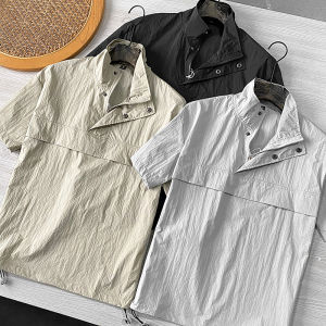 Outdoor Mens Loose Fit Short Sleeve Shirt Half Zip Quick Dry Breathable Summer Fashion Casual Japanese Retro Style Nylon Fabric