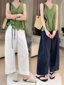 Shalldoer | Embroidered Hollow Out Casual Thin Sleeveless Vest Wide Leg Pants Two Piece Set Women Summer Cool Loose Feeling Outfit