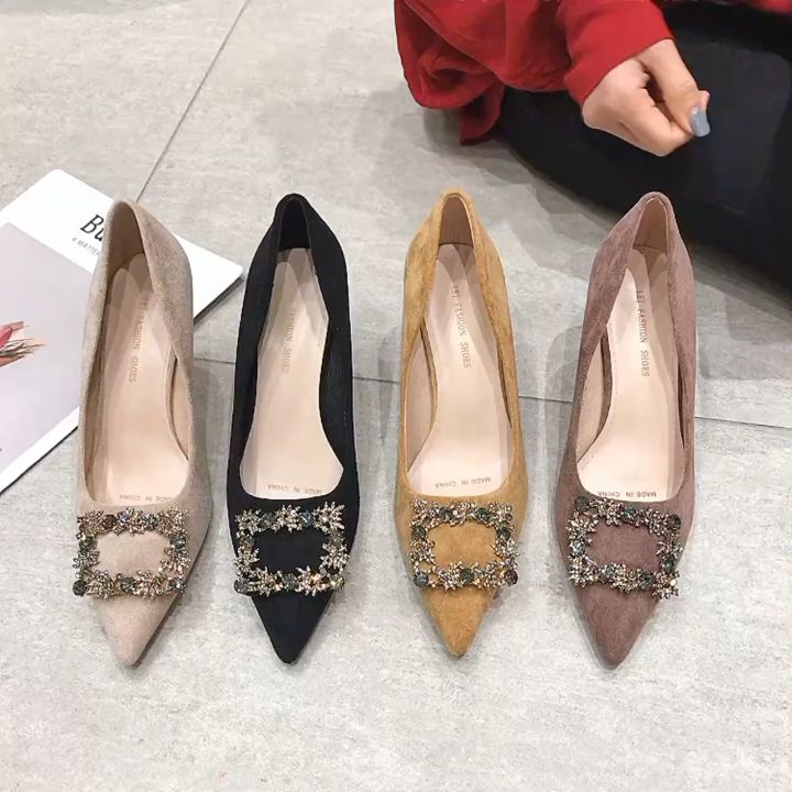 Women's square buckle fine heel fairy tale style nude color temperament  pointed high heels Lazada PH