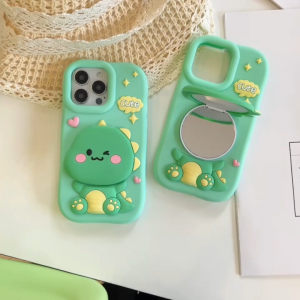 3D flip mirror dinosaur silicone phone case for iPhone 13 14 15 16 Pro Max casing Green soft silicone protective cover for iPhone16 case