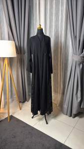 Deep Black Abaya in Flowing Premium Fabric with Guipure Lace Panels & Bead Trimming for Refined Elegance