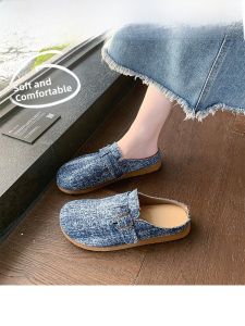 Retro Cork Bottom Birkenstock Slippers Denim Easy Wear Toe Cover Womens Outdoor Summer Thick Heel Rubber Sole Sandals