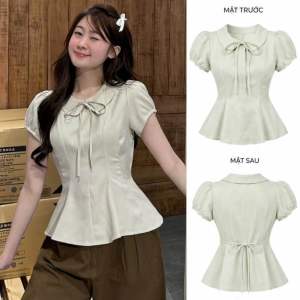 Áo kiểu nữ chất Cotton Denim thiết kế cổ sen thắt dây nơ tay bồng bo chun thắt dây sau eo