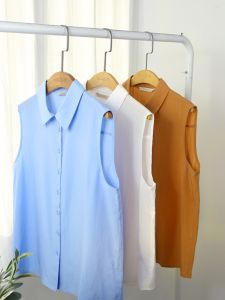 Áo Sơ Mi Nữ Tay Ngắn Cổ Polo Mùa Xuân Thu 2024 Áo Sơ Mi Nữ Cổ Polo Tay Ngắn Màu Trơn Thường Ngày Chất Liệu Polyester