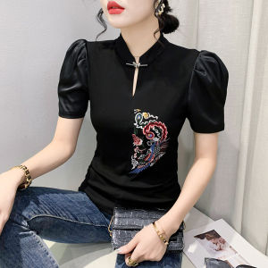 YIMEI Design Sense New Chinese Bubble Sleeves Black T-shirt Womens 2023 Summer New Heavy Industry Embroidery Top Womens Temperament Short Sleeves Beautiful Guangzhou Womens T-shirt