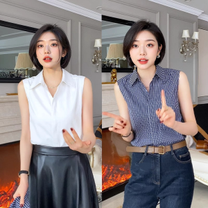 เสื้อกั๊กแขนกุดคอปกพับแบบลำลองหลวมๆ สำหรับผู้หญิงในฤดูใบไม้ผลิ 2025 เสื้อเชิ้ตแขนกุดแบบสวมใส่ในฤดูใบไม้ผลิ 2025