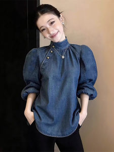 XUECAIQI | Ruffled Sleeve Stand Collar Vintage Denim Shirt