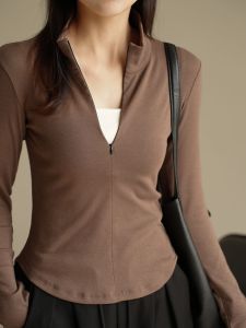 Slim Fit Yoga Jacket Womens Stand Collar Waist Cinched Autumn Winter Cotton Lyocell Polyester Fiber Long Sleeve Short Coat