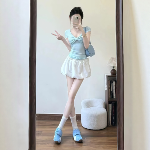 VKSOD | Sweet Sister Lace Splice Short Sleeve T-Shirt Womens Summer 2025 Miniature Lantern Flared Skirt Pants Two-Piece Set V-neck