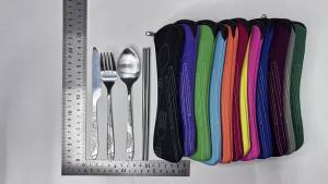 7pcs/ Set Stainless Steel Tableware Set Outdoor Portable Cloth Bag Knife Fork Spoon Chopsticks Straw Rich Flowers Seven Sets