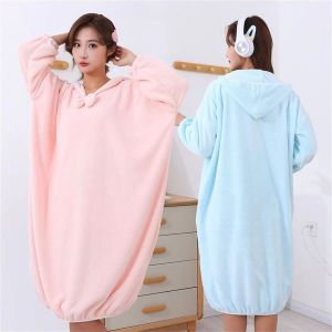 Long Absorbent Coral Fleece Hooded Bathrobe