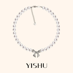 YISHU | Rhombow Bow Diamond Accented Akoya Pearl Necklace