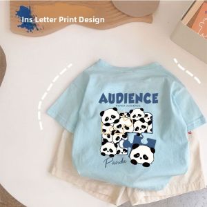 Cotton Short Sleeve T-shirt with Cartoon Panda Print for Children