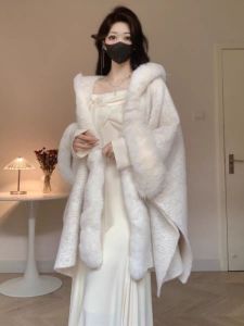 Mid-Length Autumn and Winter Hooded Rabbit Fur Collar Double-Sided Velvet Outwear Fine Imitation Gold Mink Fur Cape and Shawl Coat for Women