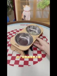 Stainless Steel Double Bowl Bamboo Pet Feeder Dog Cat Food Water Wooden Stand Waterproof Spill Tilted Mangkuk Air Kucing